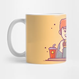 Men Eating Burger With French Fries And Soft Drink Cartoon Mug